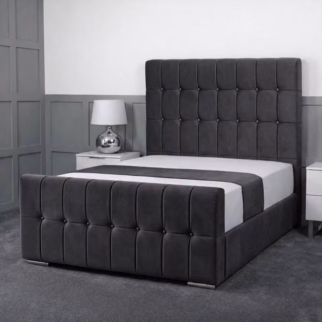 Living Comfort Bedz Belmont Plush Velvet Upholstered Bed with Slatted Base and 48 Inch Headboard in Charcoal Grey, Small Double
