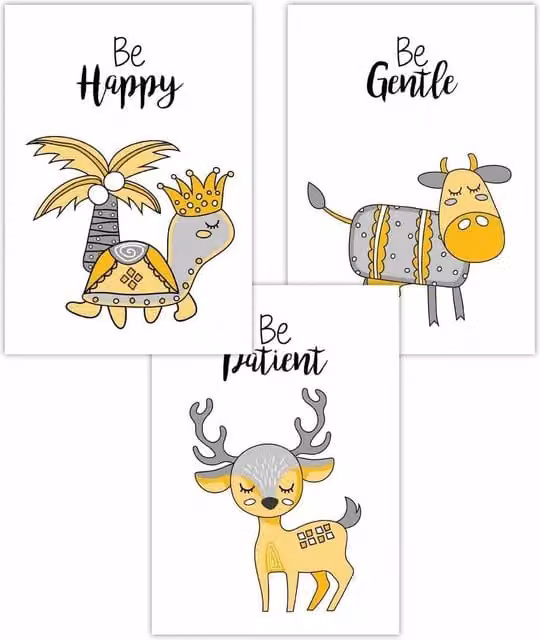 ARTZE Set of 3 Scandi Nursery Deer Animal and Typography Art Posters in Yellow and Grey, W: 30 cm x H: 42 cm