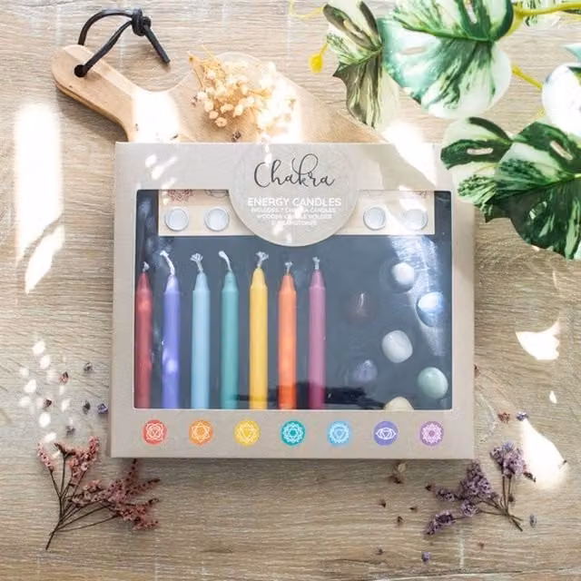 Uniqueful Chakra Energy Taper Candle and Crystal Gift Set in Multicolour