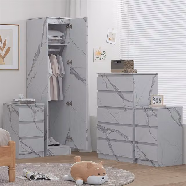 ZITA 4 Piece Bedroom Furniture Set in White Marble Effect featuring 1 Door Wardrobe, Tall Chest and 2x 3 Drawer Bedsides