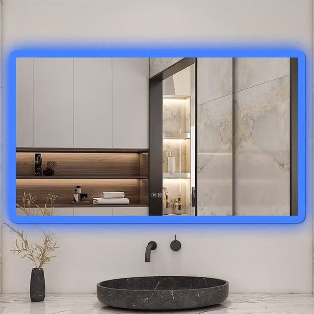 AicaBathroom Modern Rectangular LED Bathroom Mirror with Dimmable White and Blue Light and Speaker, White, Width: 70 cm