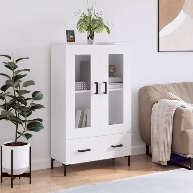 Berkfield Home Modern White Highboard with Glass Doors, W/D/H: 69.5 x 31 x 115 cm