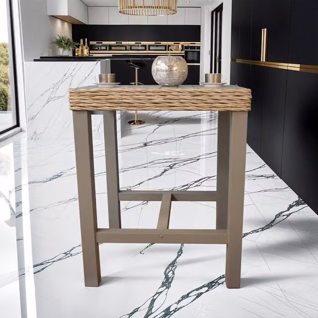 FWStyle Large Square Bar Table in Greywash Painted Solid Reclaimed Pine and Natural Rattan
