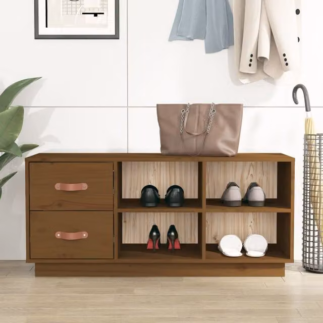 Berkfield Home Rustic Pine Shoe Bench in Honey Brown, W/D/H: 100 x 34 x 45 cm
