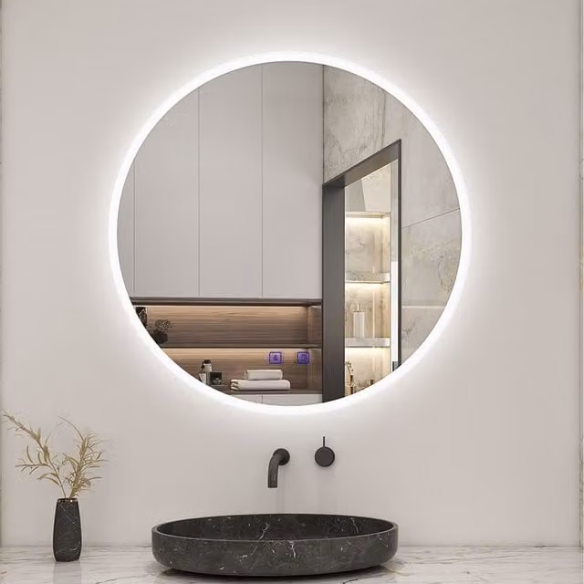 AicaBathroom Round LED Bathroom Mirror with Double Touch Switch in White, Diameter: 80 cm