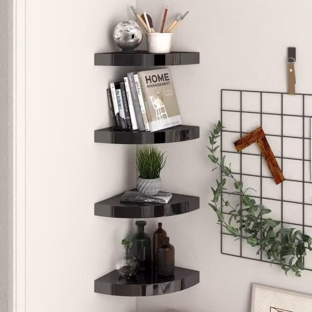 Berkfield Home Set of 4 High Gloss Black Floating Corner Shelves, W/D/H: 25 x 25 x 4 cm