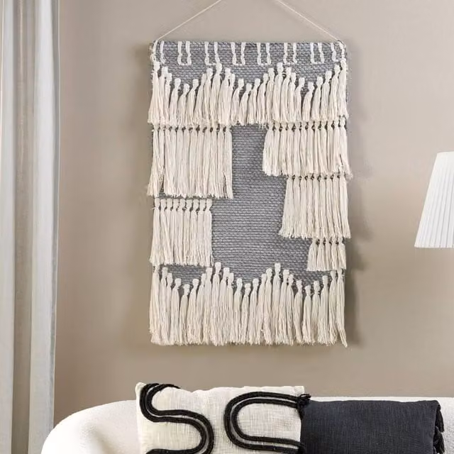 Wyld and Coco Handwoven Cotton Geometric Wall Hanging in Grey and Beige with Tassels