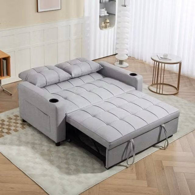 Chilli Seating Grey Fabric Two-Seater Click Clack Pull Out Sofa Bed with Adjustable Headrest and Cup Holders