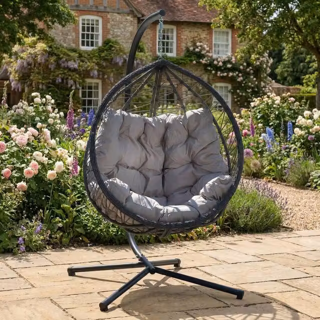 Rosewood & Stone Home Dunham Single Egg Chair in Light Grey with Metal Frame and Rattan Design, H 190 x W 105 x D 103 cm