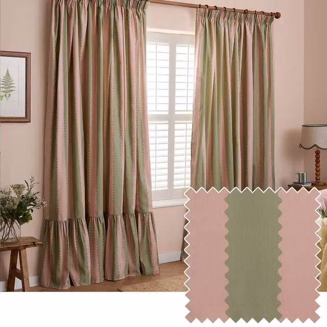 Make It A Home Birdie Stripe Fully Lined Ruffle Pencil Pleat Curtain Pair in Pink and Green, Height: 229 cm