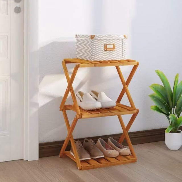 Berkfield Home 3-Tier Folding Acacia Wood Shoe Rack in Brown, W/D/H: 43 x 31 x 63 cm