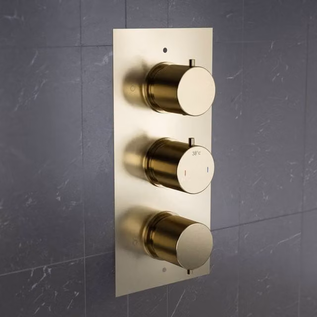 Nes Home 3 Dial 3 Way Concealed Thermostatic Mixer Shower Valve in Brushed Brass Gold, W: 29.6 cm, H: 25.3 cm