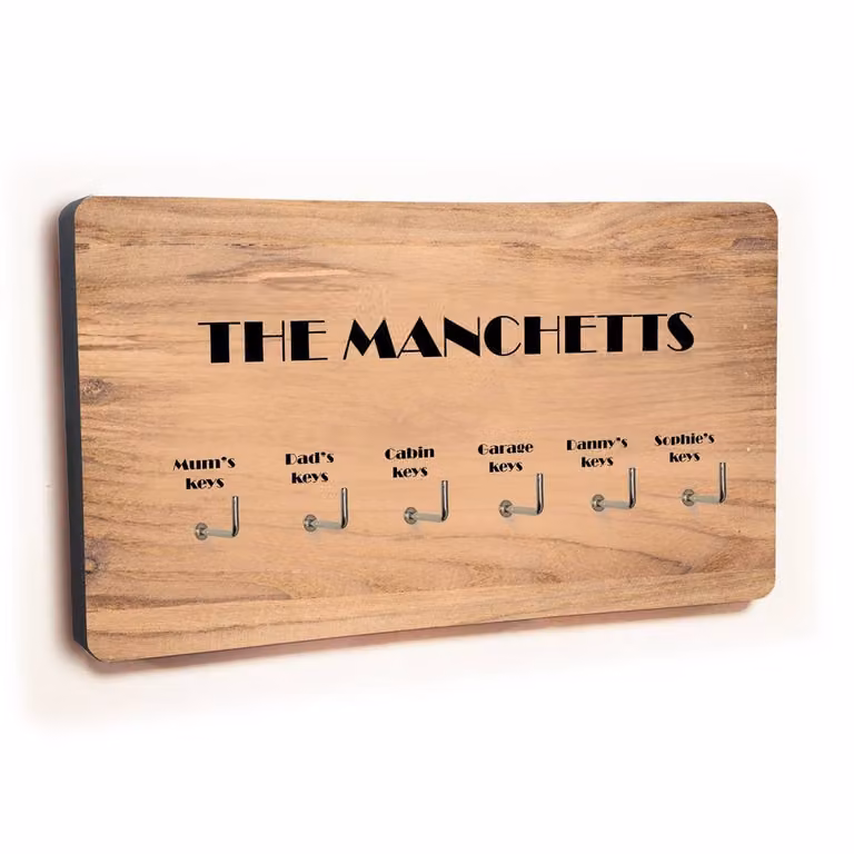 Uniqueful Personalised Wood Key Holder with 6 Hooks in Brown, W: 100 cm x H: 40 cm