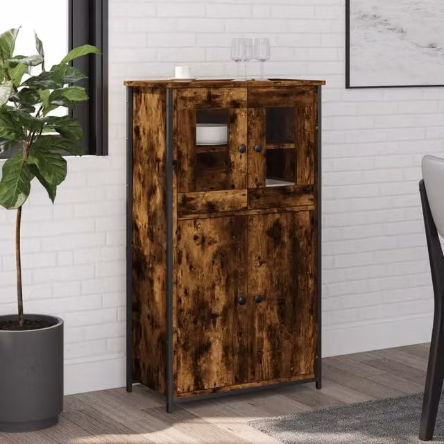 Berkfield Home Modern Smoked Oak Highboard in Brown with Glass Doors, W: 62 cm, D: 32 cm, H: 106.5 cm