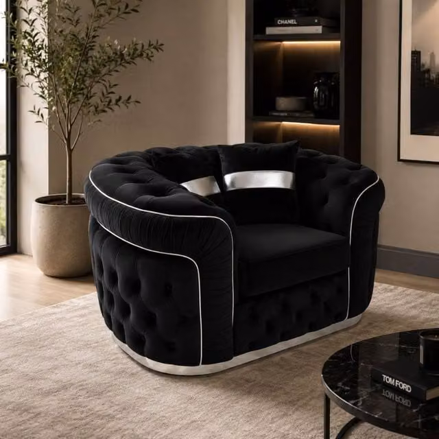Stratus Interiors Ambassador Chesterfield Sofa in Black Velvet with Silver Trim