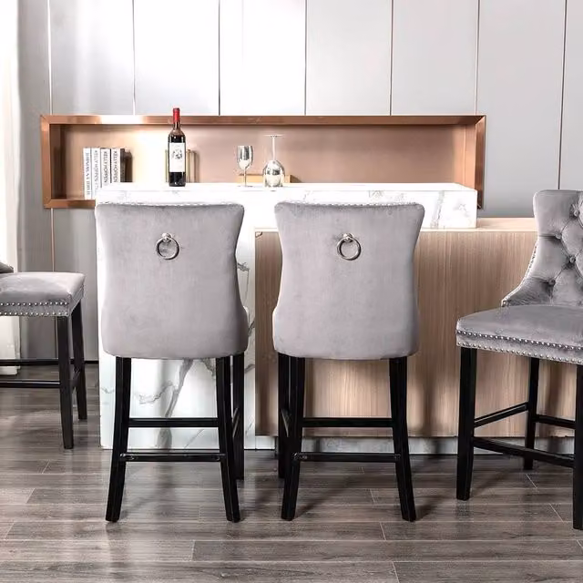 Modern Home Touch Romsey Set of 4 Grey Velvet Kitchen Breakfast Barstools with Oak Wooden Legs and Knocker Ring Back