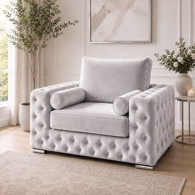 Stratus Interiors Ashley Full Back Chesterfield Plush Velvet Living Room Armchair in Silver