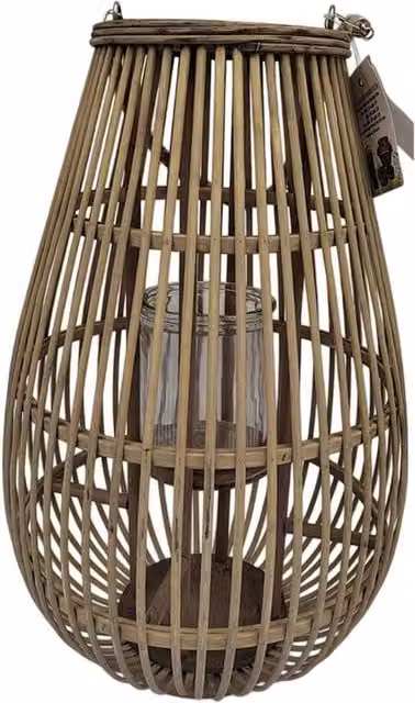 Hill Interiors Ellipse Medium Oval Rattan and Glass Tabletop Candle Lantern in Brown, H: 42.0 cm, W: 28.0 cm, D: 28.0 cm
