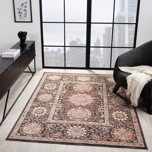 Underfoot Oriental Living Room Rug in Anthracite and Brown, W: 120.0 cm, L: 170.0 cm