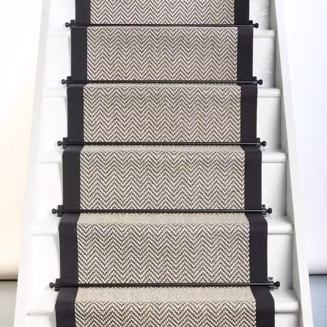 RainbowHome Herringbone Java Stair Runner in Sand with Black Cotton Border, W/D/H: 70 cm x 650 cm