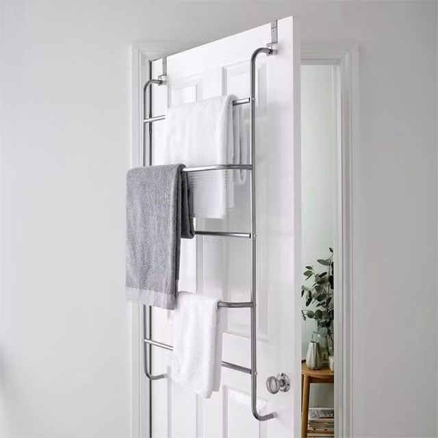 PAWNORA 5 Tier Over Door Metal Clothes Airer and Towel Rail Rack in Silver