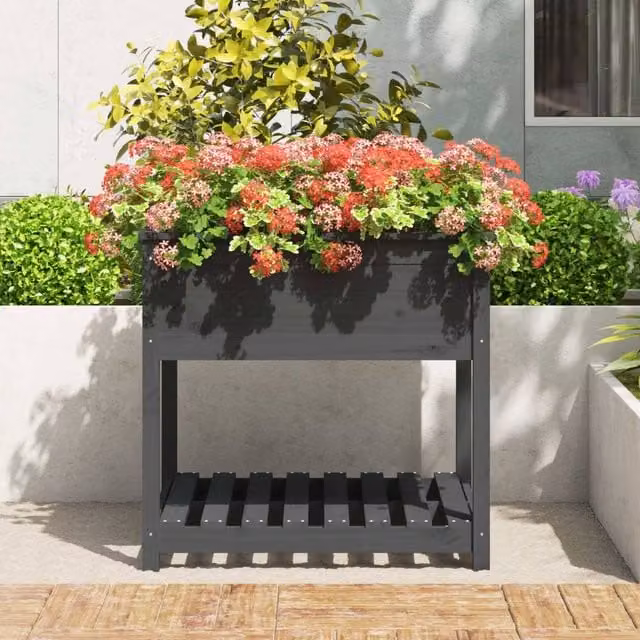 Berkfield Home Grey Solid Wood Pine Planter with Shelf, W: 82.5 cm, D: 82.5 cm, H: 81 cm