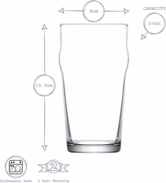 LAV Noniq Transparent Pint Beer Glasses, 570ml, Pack of 12