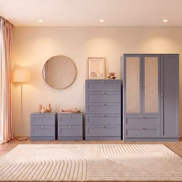 Vida Designs Altino Grey Bedroom Set including 2 Drawer Bedside Tables, 5 Drawer Chest and 3 Door 2 Drawer Wardrobe