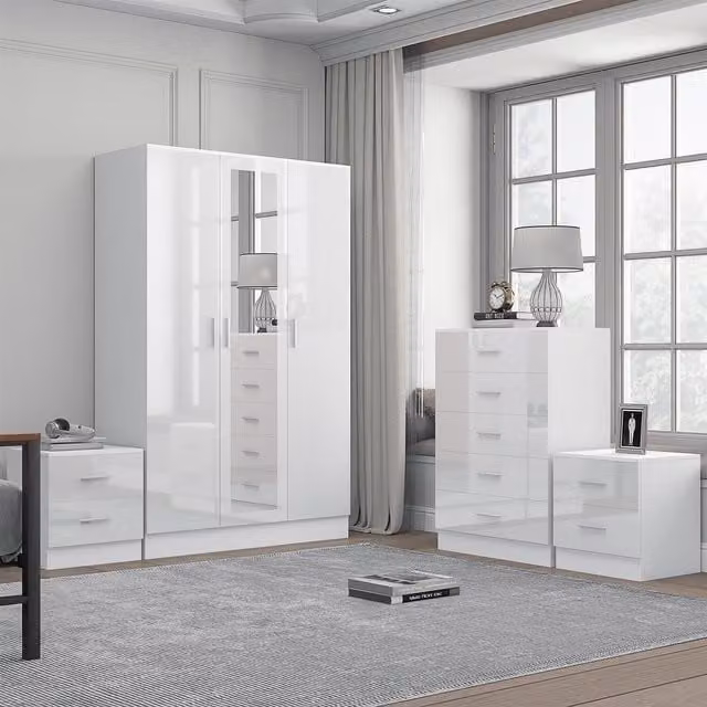REFLECT Modern Bedroom Furniture Bundle in White Gloss and Matt White, including 3-Door Mirror Wardrobe, Chest of Drawers and 2x Bedside Tables