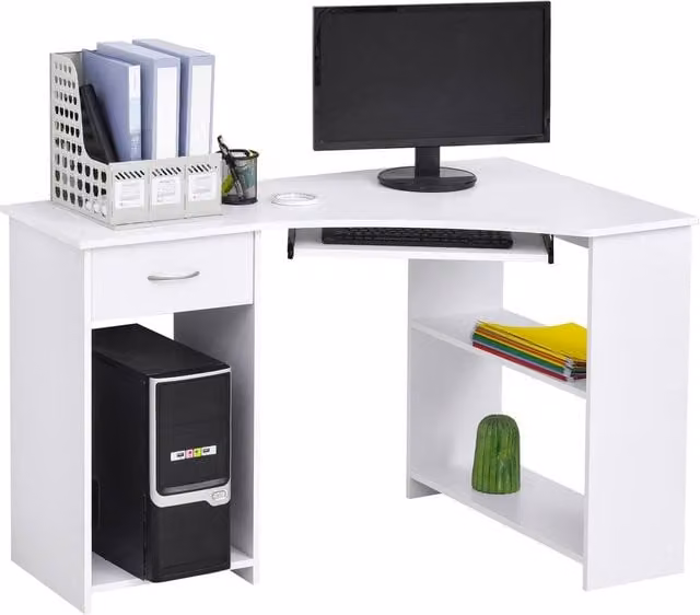 Rolipo L-Shaped Corner Computer Desk with Keyboard Tray, Drawer and CPU Stand in White