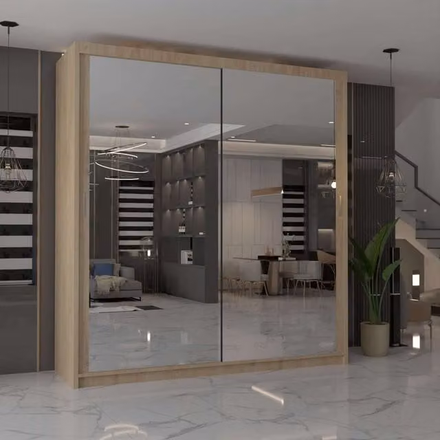 MN Furniture Cuba Modern Sliding Mirror Wardrobe with Integrated LED Lighting, W/H: 90 x 200 cm