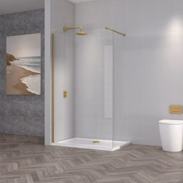 Bathroom Kingdom Vienna Walk-In Wet Room Shower Glass Panel, Brushed Brass Gold, W: 1100 mm, Thickness: 8 mm