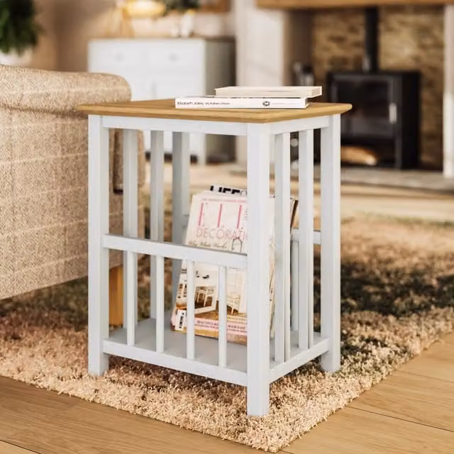 FWStyle Oak Veneer Magazine Rack Side Table in Cream Linen, Height: 45 cm