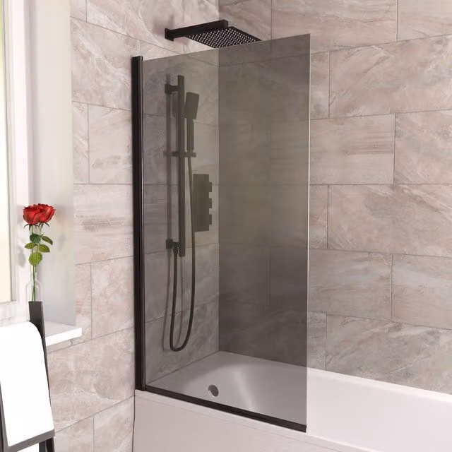 Nes Home Reversible Square Hinged Bath Screen with Matt Black Profile and Grey Tinted Glass, W: 80 cm, H: 140 cm