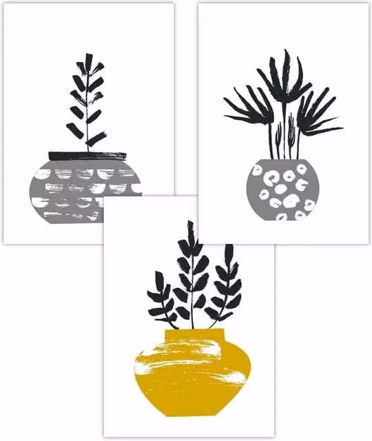 ARTZE Set of 3 Scandi Cactus Botanical Illustration Paper Posters in Yellow, Grey and Black, W: 30 cm, H: 42 cm