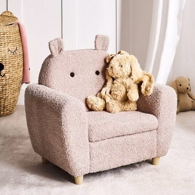 Wyld and Coco Pink Boucle Hippo Armchair for Children with Foam Seat and Rubberwood Legs