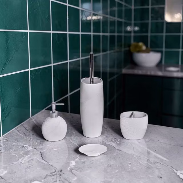 Showerdrape Ripple Textured 4 Piece White Ceramic Bathroom Accessory Set including Soap Dispenser, Soap Dish, Toothbrush Holder and Toilet Brush