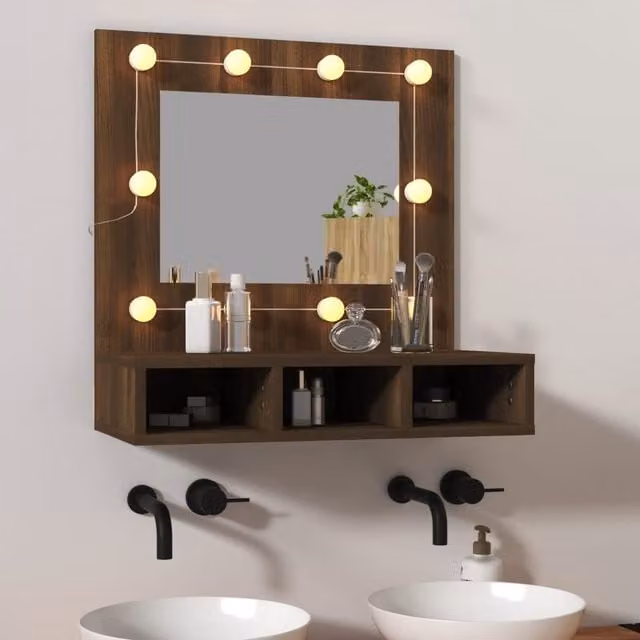 Berkfield Home Modern Mirror Cabinet with LED Lighting in Brown Oak, W/D/H: 60 x 31.5 x 62 cm