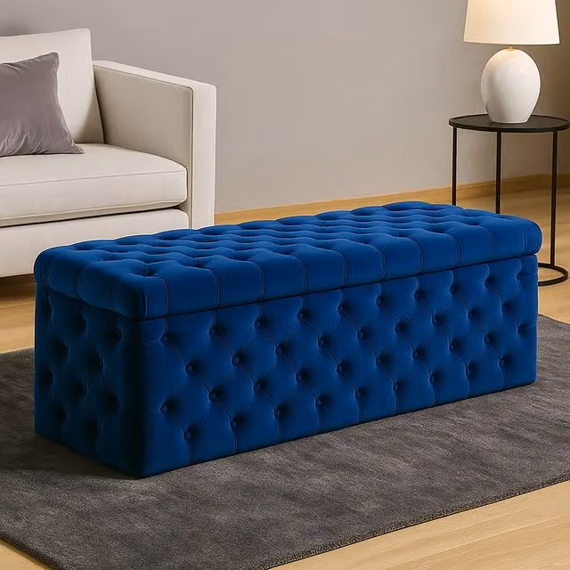 R&M Furnishers Wide Lux Chesterfield Ottoman Storage Box in Sapphire Blue Velvet
