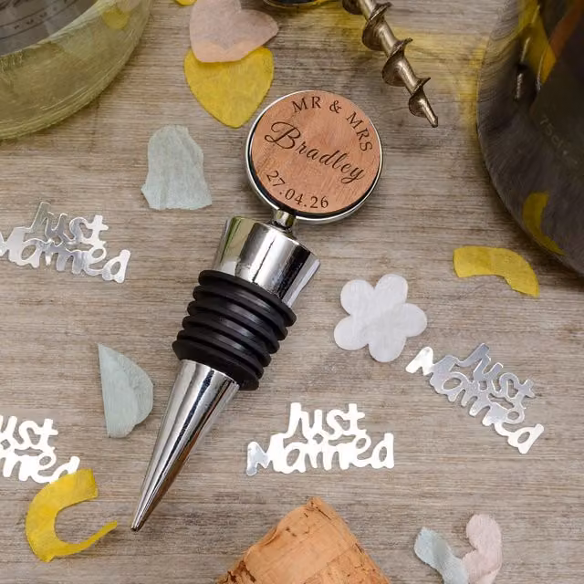 Uniqueful Personalised Mr and Mrs Cherrywood Bottle Stopper Wedding Gift in Brown and Silver