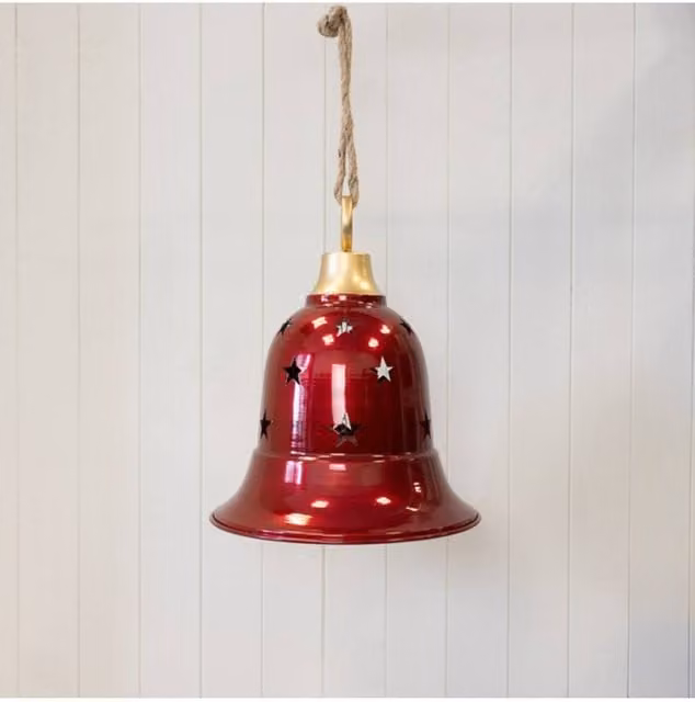 KDMD Large Glossy Red Metal Christmas Bell with Star Cutout Detail