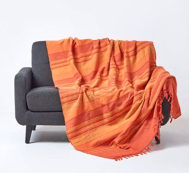 Homescapes Cotton Morocco Striped Woven Throw in Terracotta, W/D/H: 360 x 255 cm