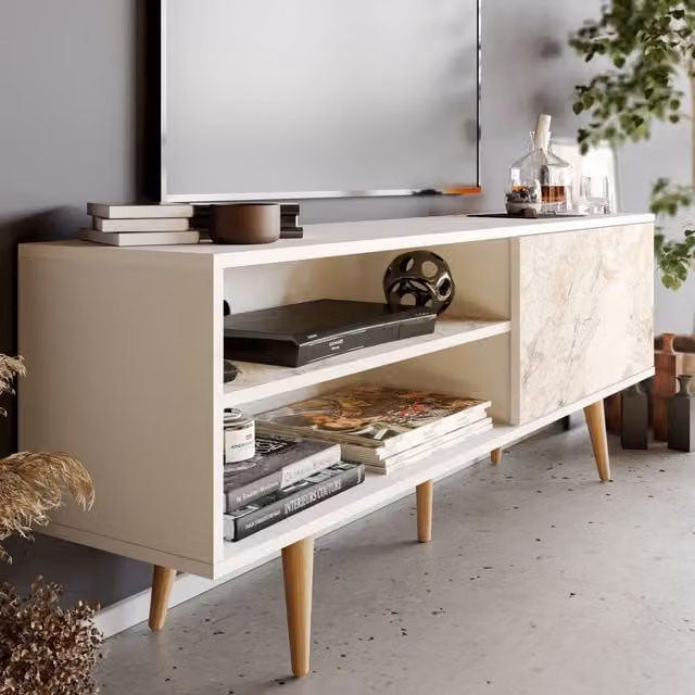 Decorotika Pi Modern White Marble Effect Wood TV Unit with Media Compartments and Grommet for Living Rooms