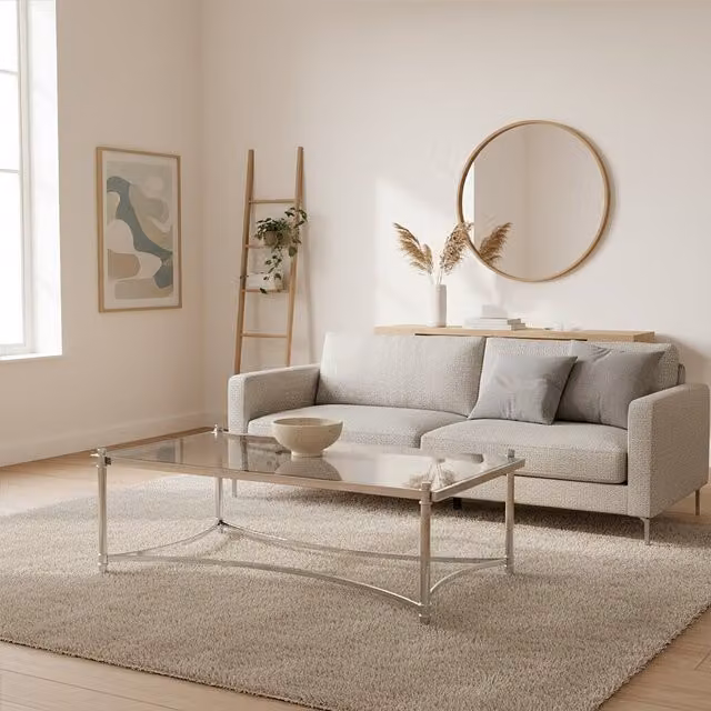 Orsina Art Deco Rectangular Coffee Table with Silver Metal Frame and Transparent Glass Top, W/D/H: 130 x 70 x 45 cm