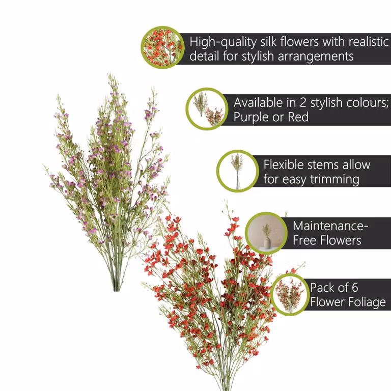 Pegdev Pack of 6 Purple and Red Artificial Silk Floral Stems, Height: 100 cm