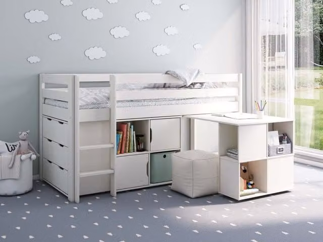 Noomi Nora Solid Wood Mid Sleeper Bed Frame and Chest of Drawers Set in White