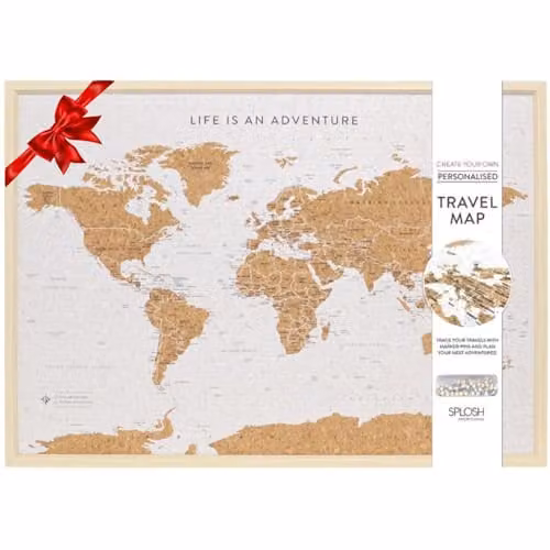 Splosh Large World Map Pin Board with White Wooden Frame and 100 Pins