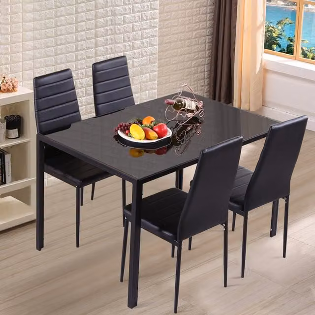 Livingandhome Modern Rectangular Glossy Black Tempered Glass Dining Table