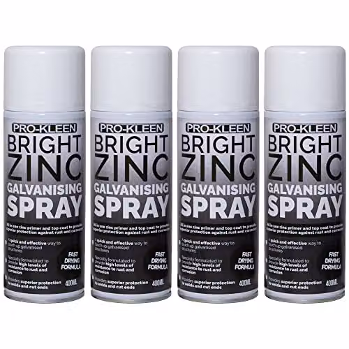 Pro-Kleen Bright Zinc Galvanising Spray Paint, 2-in-1 Primer and Top Coat for Metal, Silver, 4 x 400ml