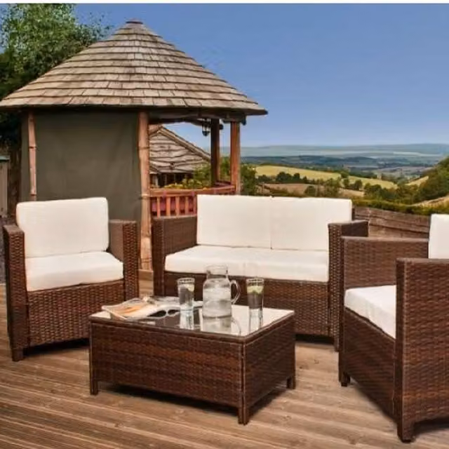 Comfy Living 4 Piece Brown Polyrattan Garden Furniture Set with 2 Seater Sofa, Armchairs and Coffee Table